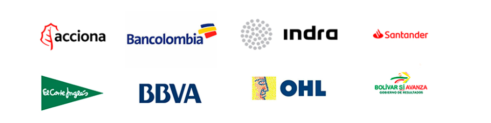 Logos de grandes empresas como Acciona, Bancolombia, Indra, Bolivar Sí Avanza, BBVA. Banco Santander y más.